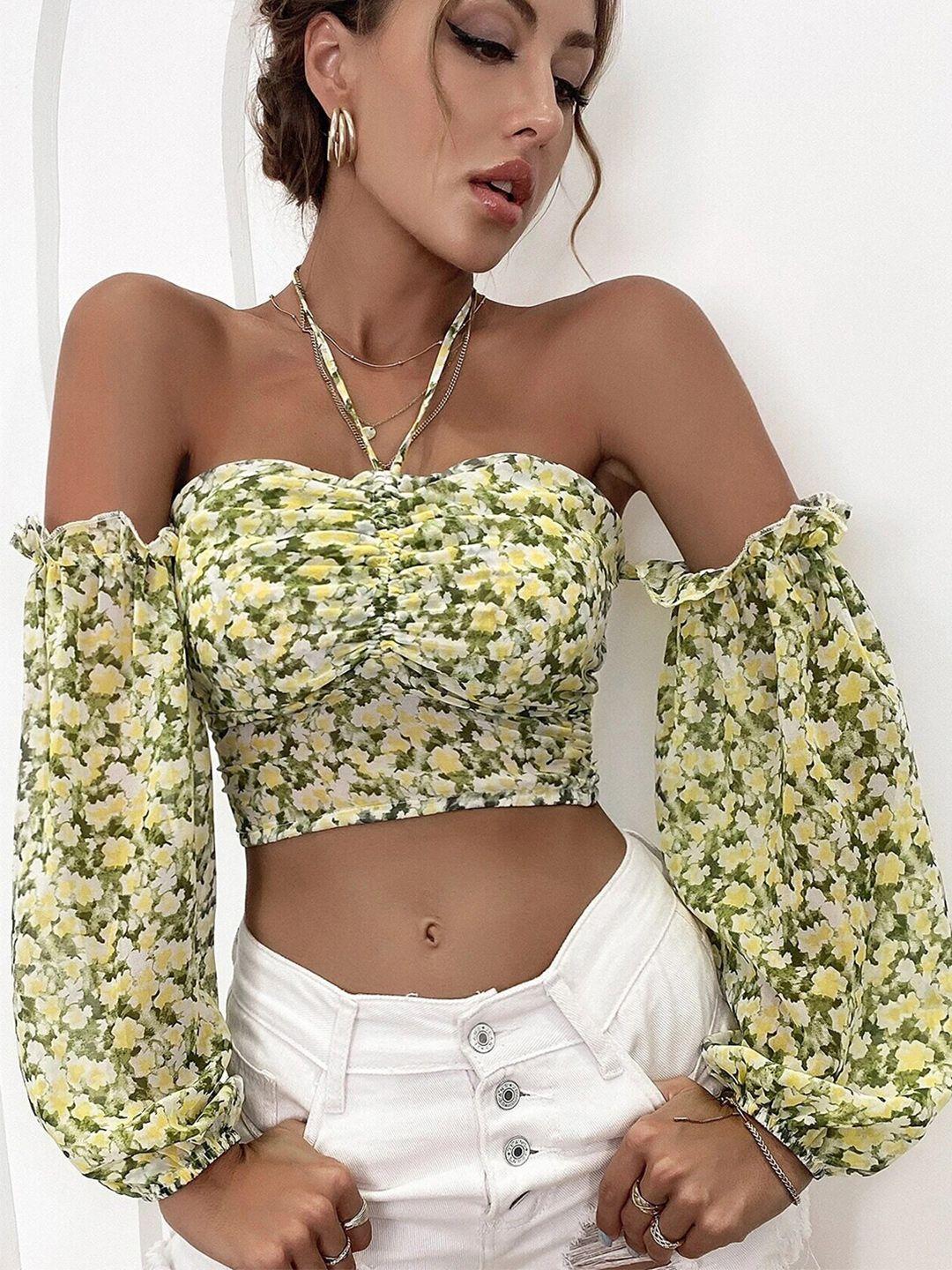 slyck floral print off-shoulder puff sleeves smocking crop top