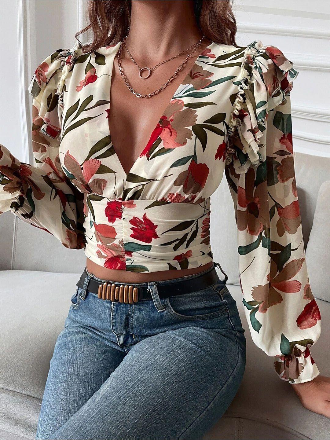 slyck floral printed v-neck puff sleeves ruffled crop top