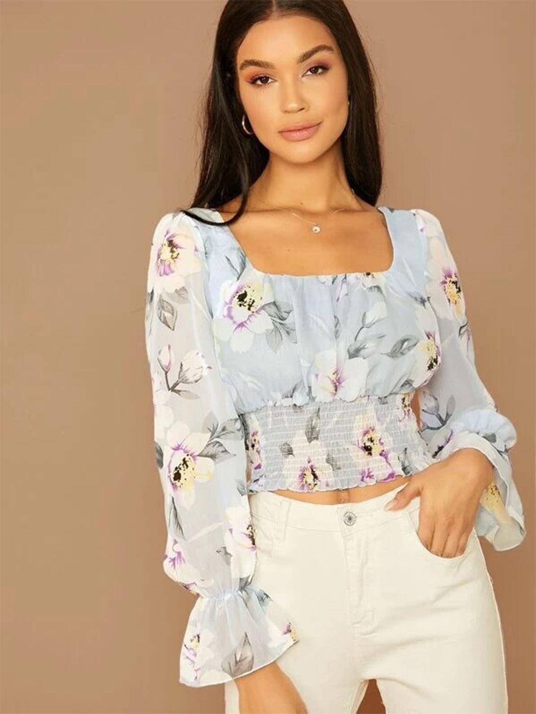 slyck floral printed square neck smocked bell sleeves crop top