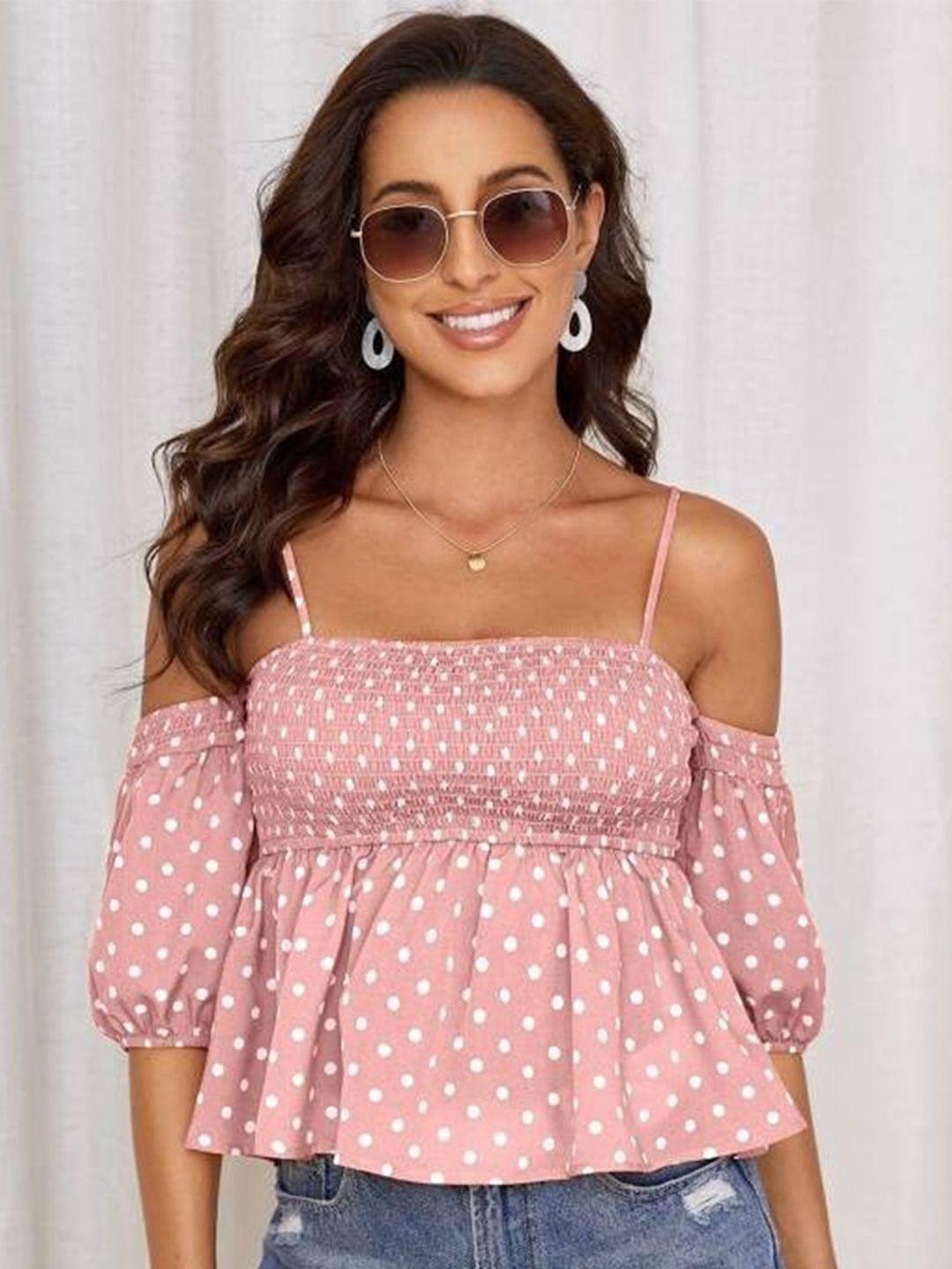 slyck polka dot printed off-shoulder cold-shoulder gathered regular crop top