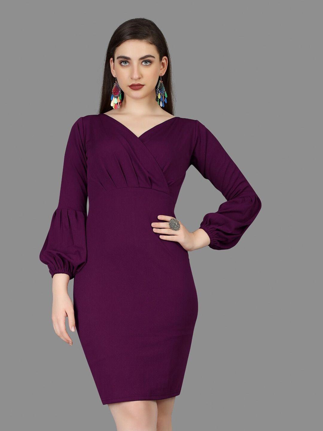 baesd v-neck puff sleeves pleated sheath dress