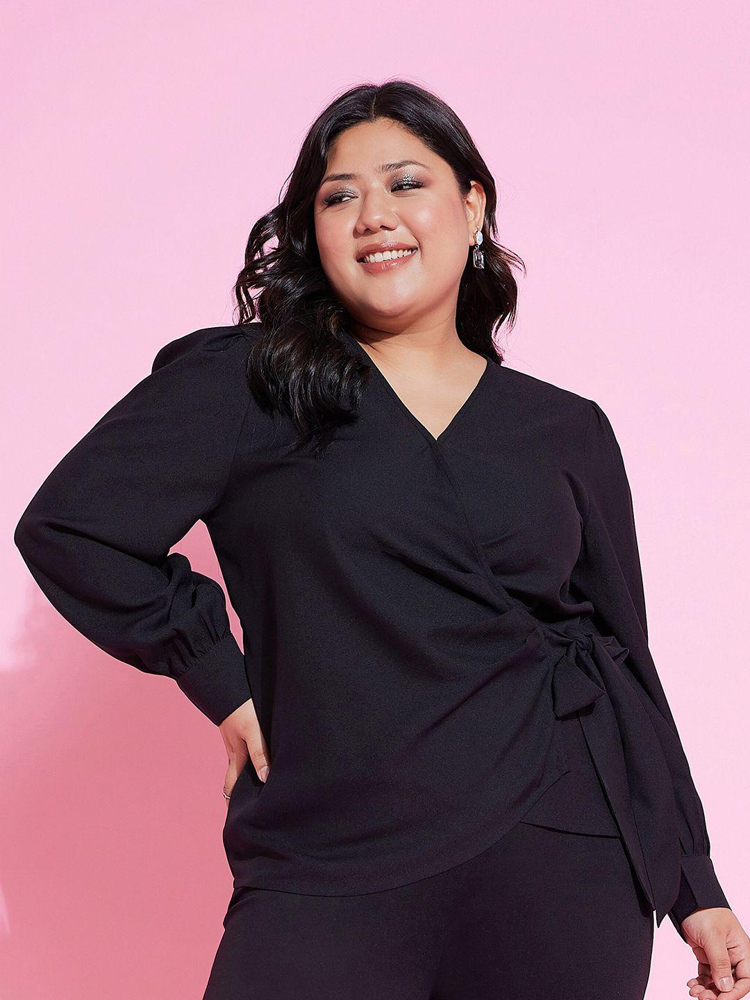 sassafras plus size black v-neck cuffed sleeve wrap top