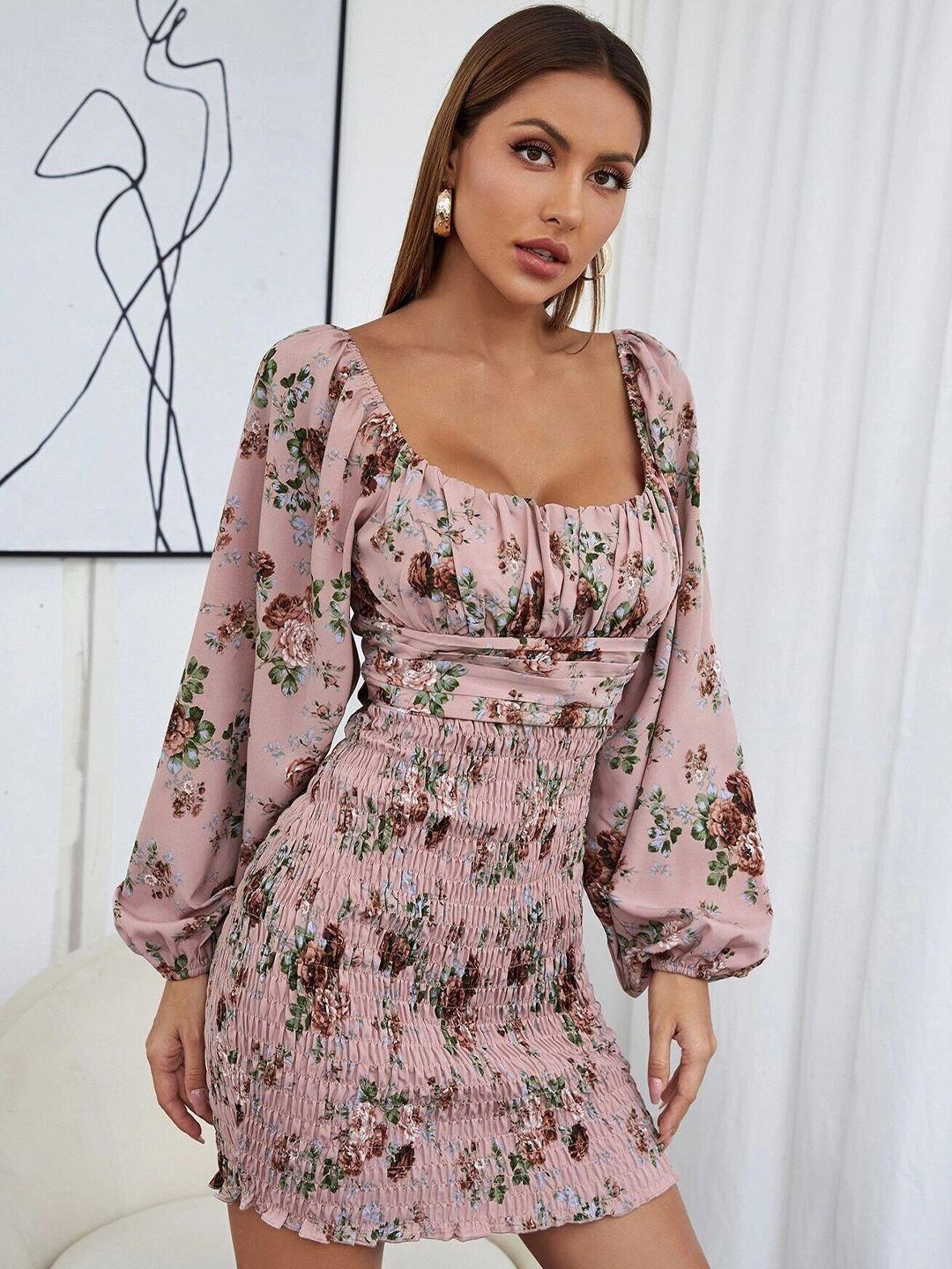 slyck floral printed smocked a line mini dress