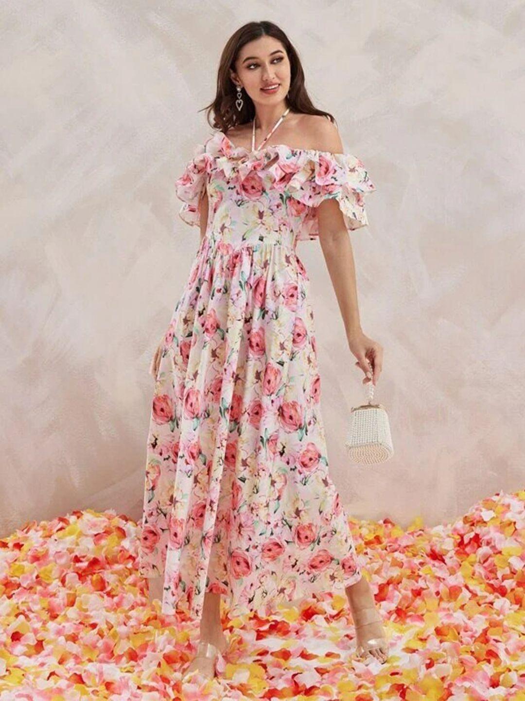 slyck floral printed halter neck ruffled a-line maxi dress