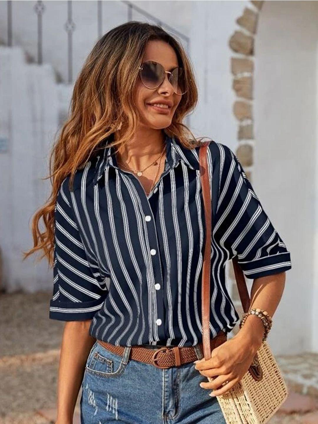 slyck women navy blue comfort opaque striped casual shirt