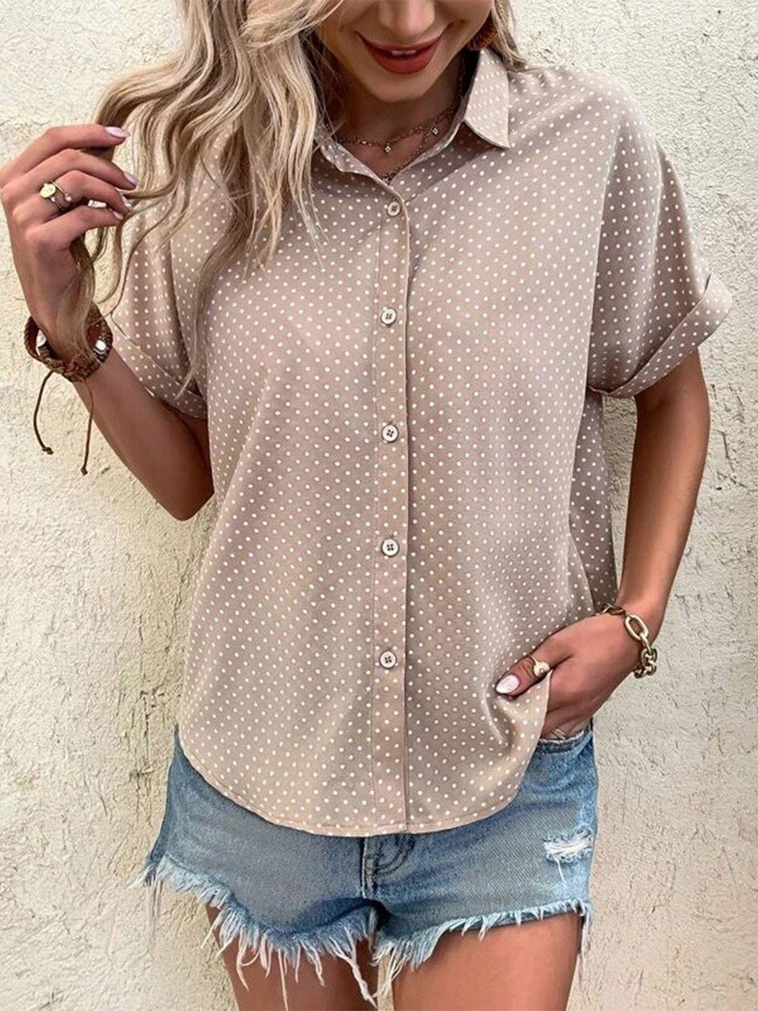 slyck women beige comfort polka dot opaque casual shirt