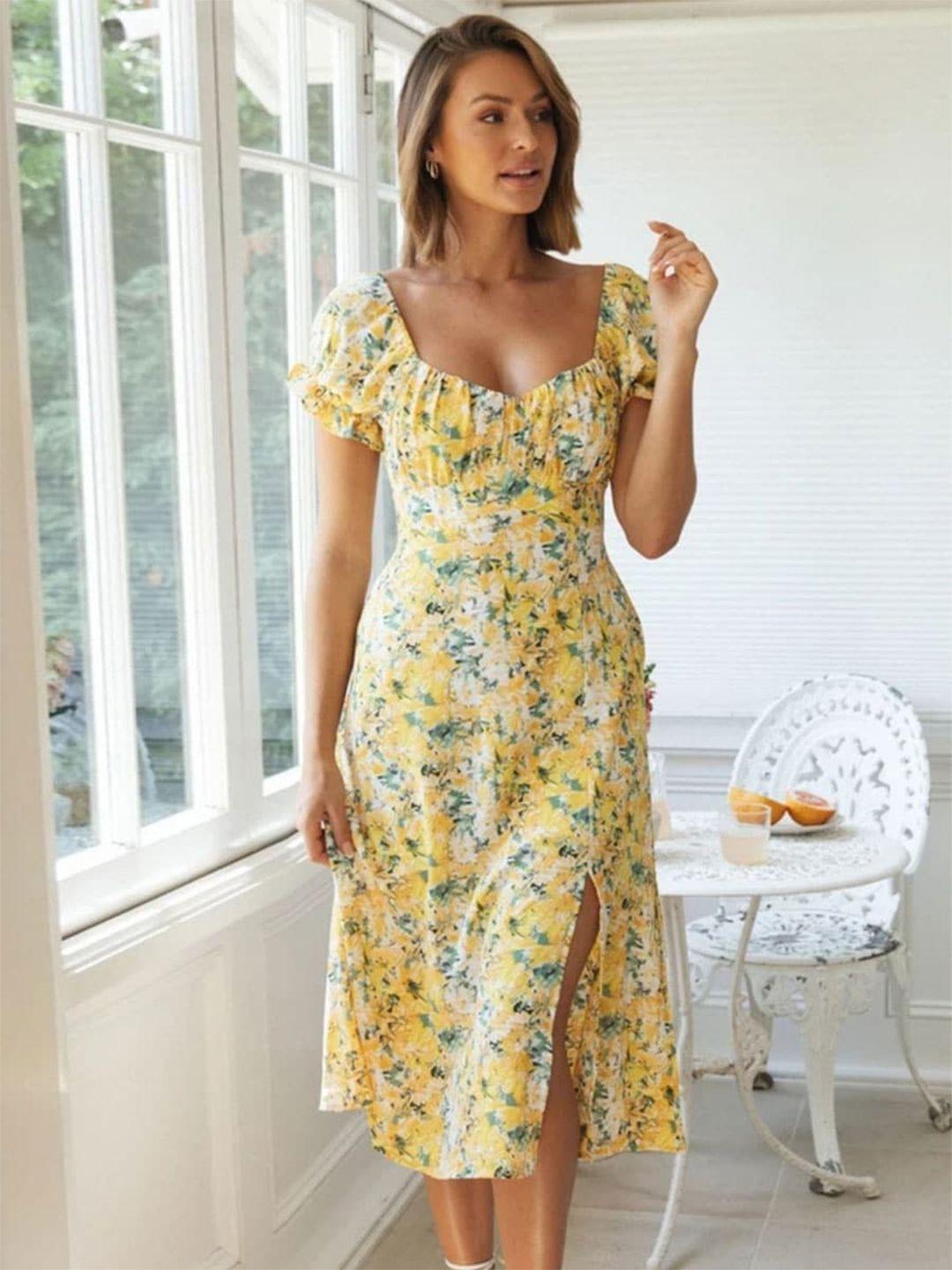 slyck yellow floral print a-line dress