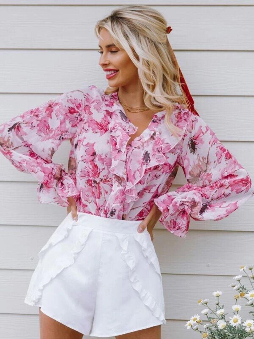 slyck floral printed ruffled shirt style top