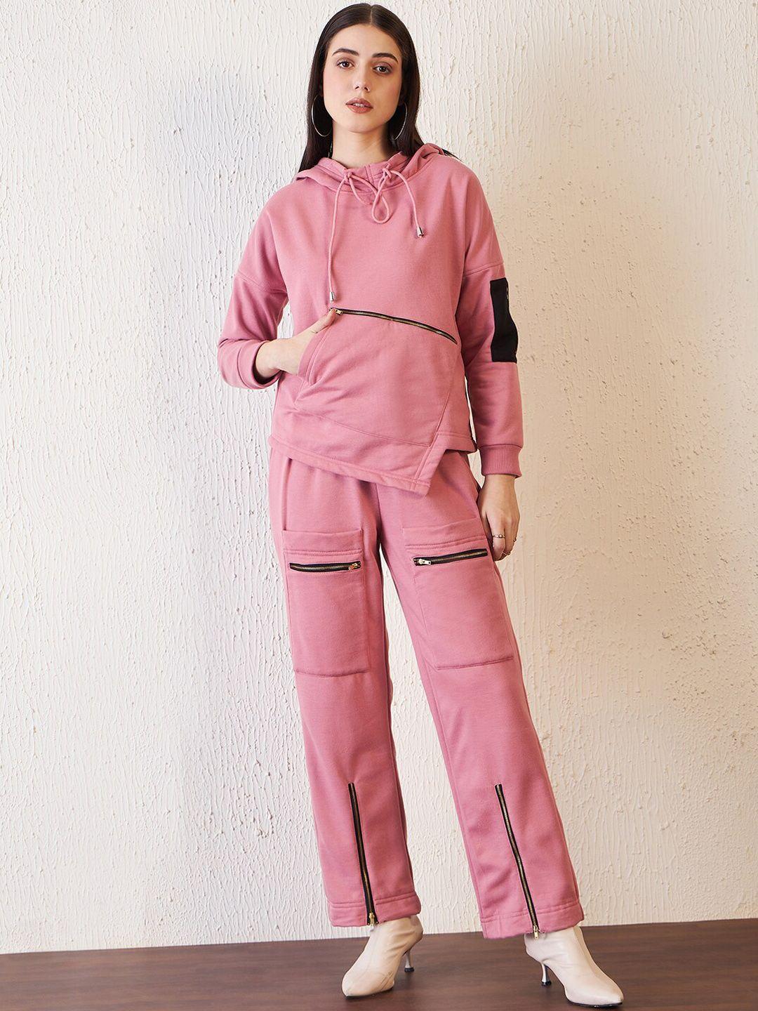 antheaa pink hooded neck sweatshirt with flared trousers