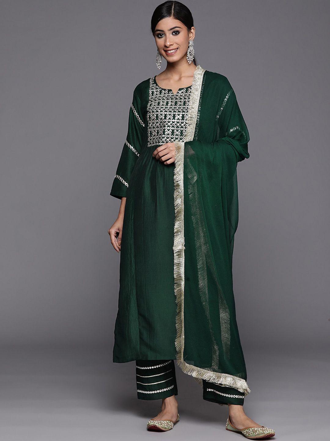 kalini geometric yoke design mirror work detail straight kurta & trouser with dupatta