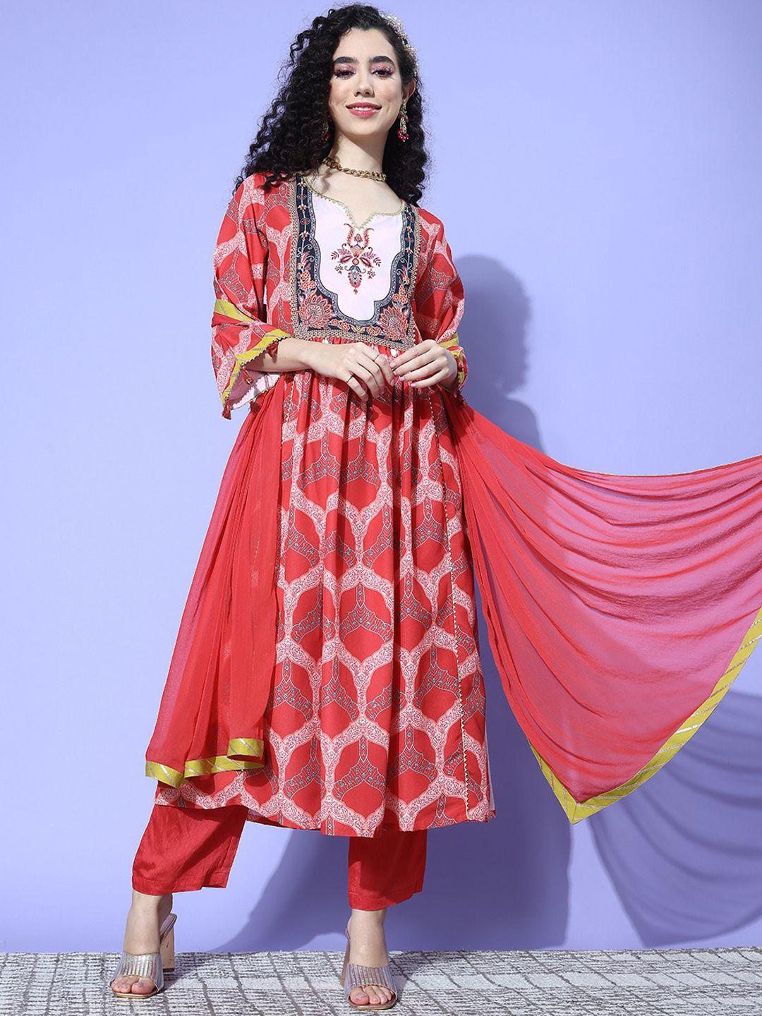 kalini ethnic motifs printed empire gotta patti anarkali kurta with trousers & dupatta