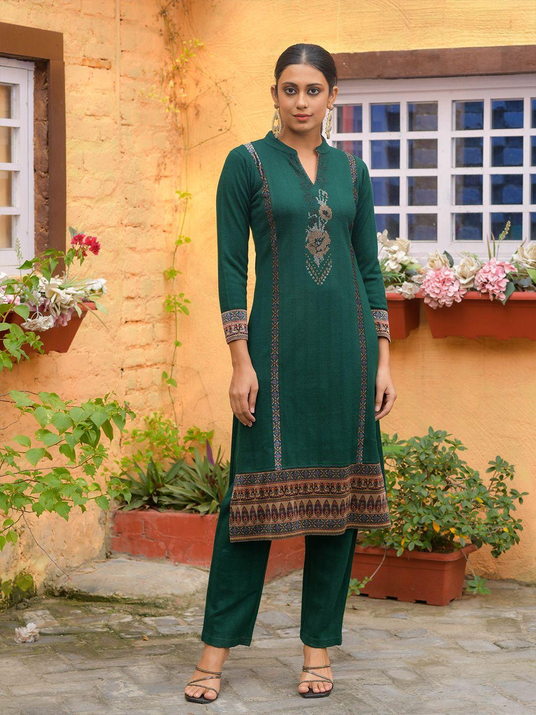 idhu women green & medium jungle green ethnic motifs yoke design kurta