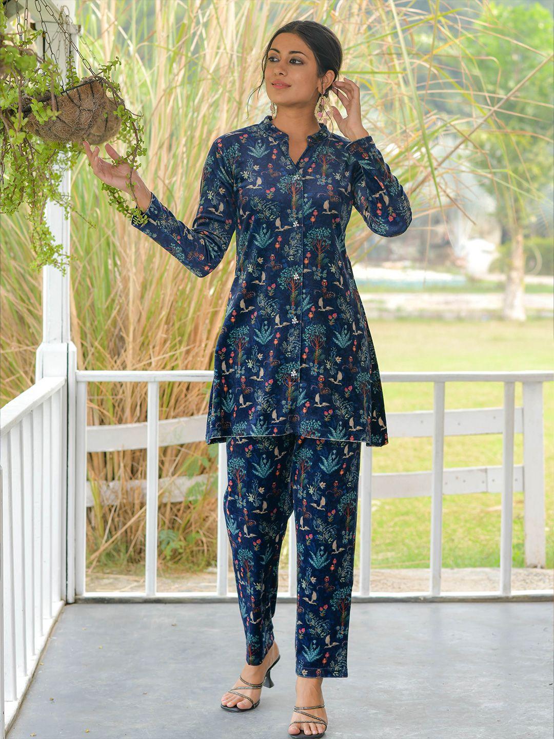 idhu floral printed mandarin collar a-line kurta