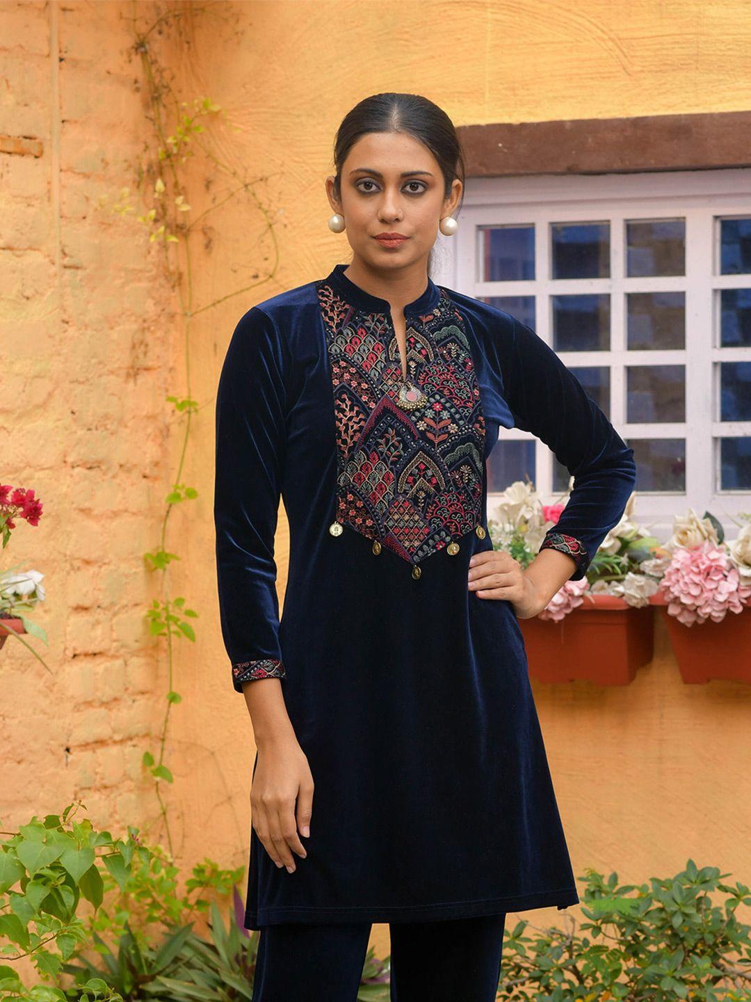 idhu ethnic motifs yoke design mandarin collar thread work detailed a-line kurta