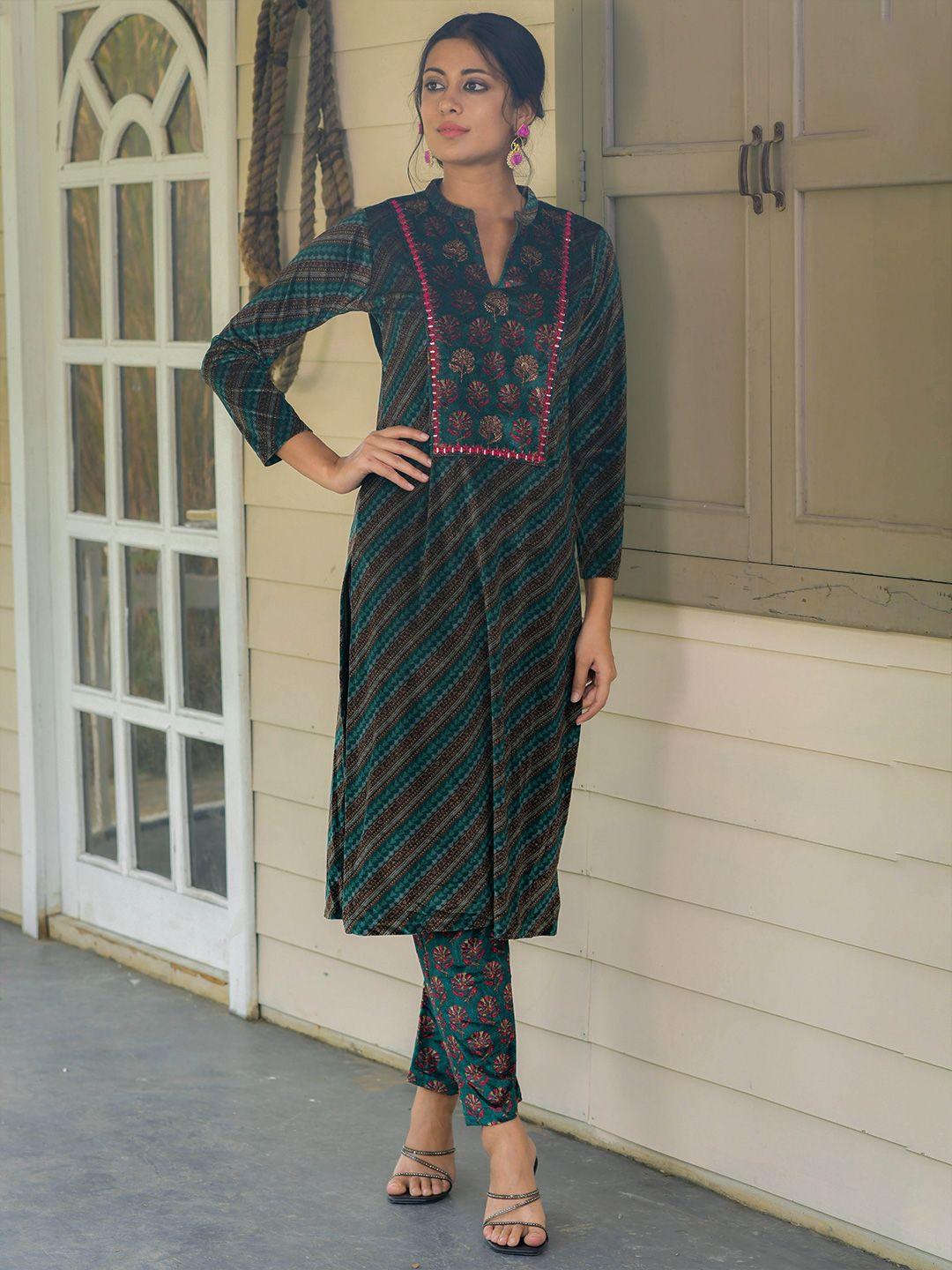 idhu floral printed mandarin collar straight kurta with trousers