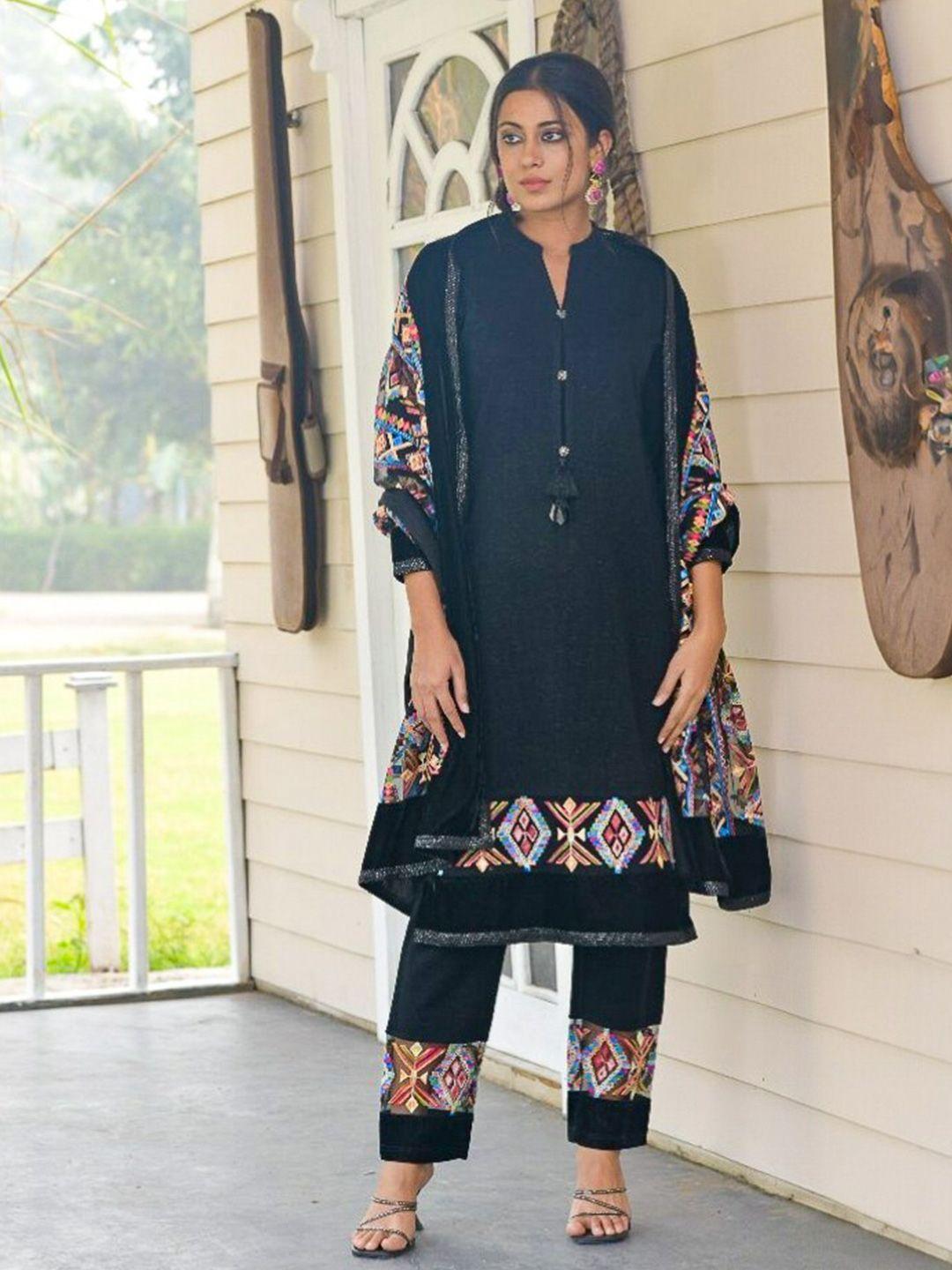 idhu ethnic motifs printed mandarin collar sequin straight kurta with trousers and dupatta