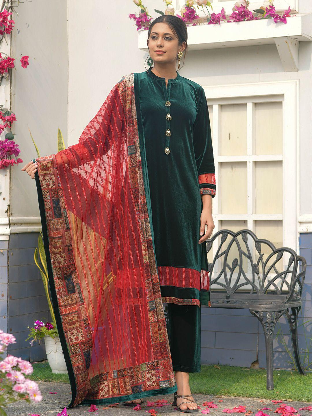 idhu mandarin collar regular kurta with trousers & with dupatta