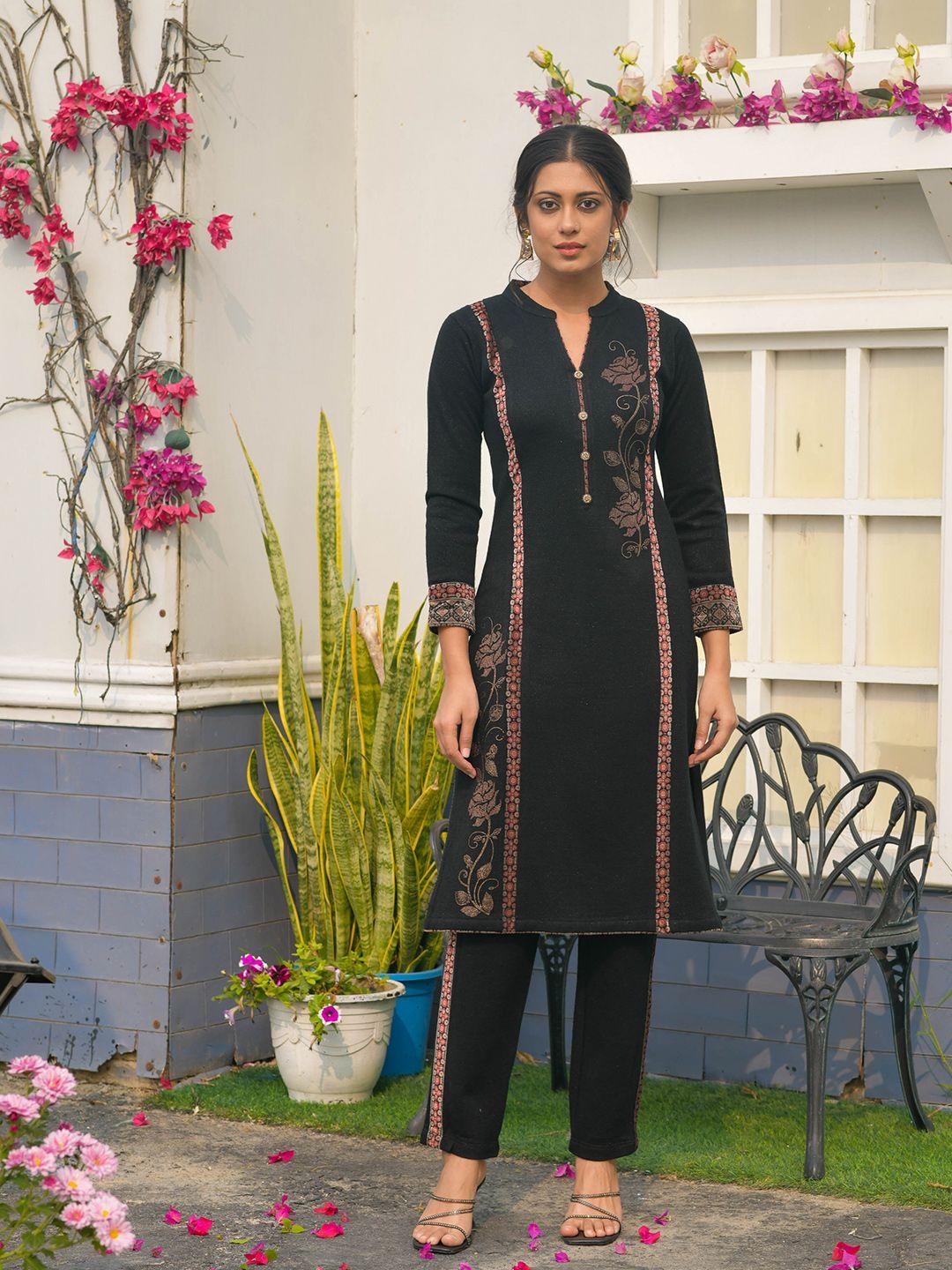 idhu floral woven design acrylic mandarin collar straight kurta