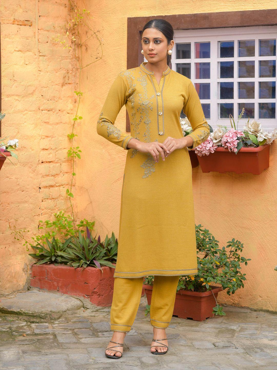 idhu floral embroidered mandarin collar straight kurta with trousers