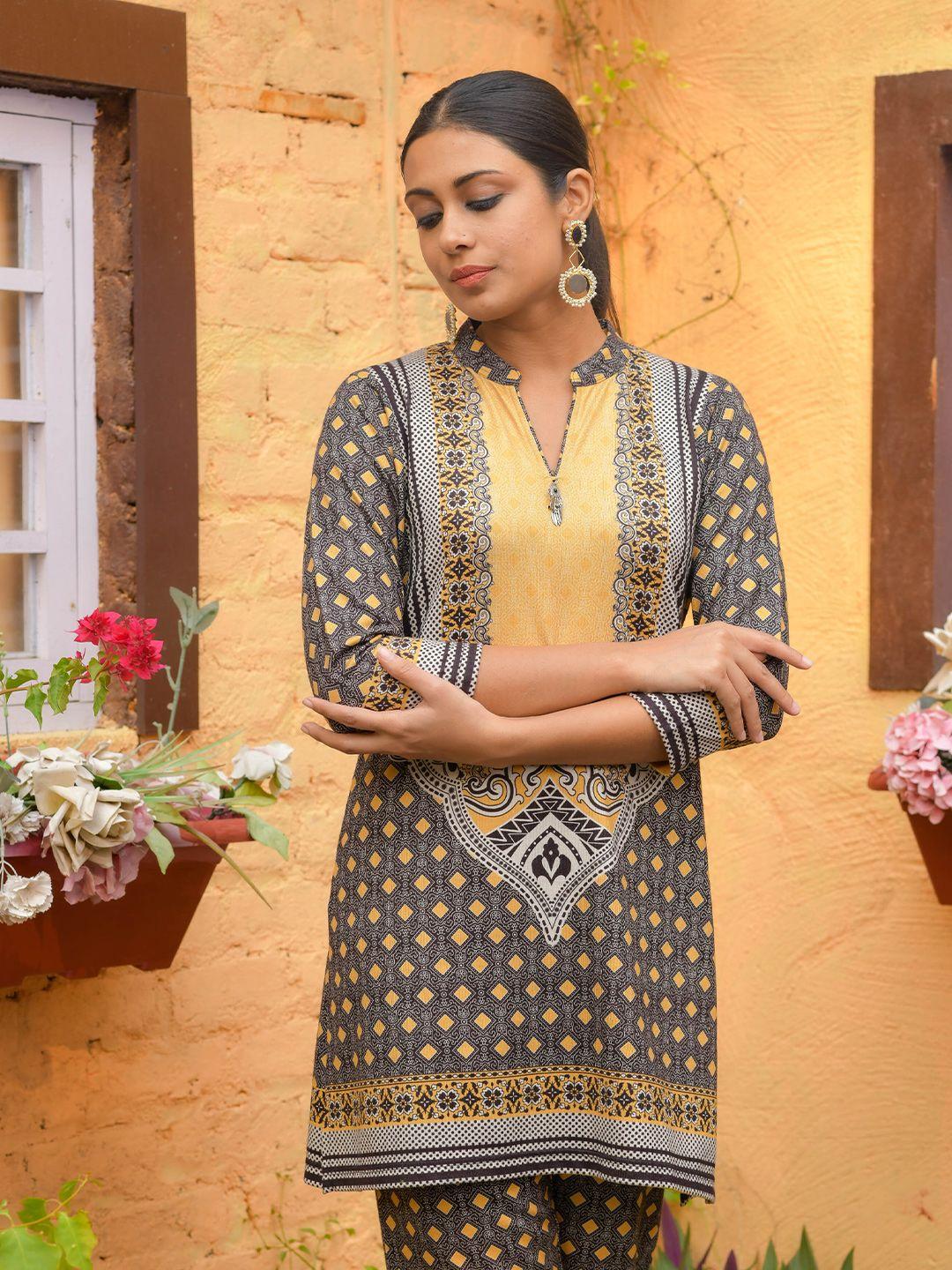 idhu ethnic motifs printed mandarin collar straight kurta