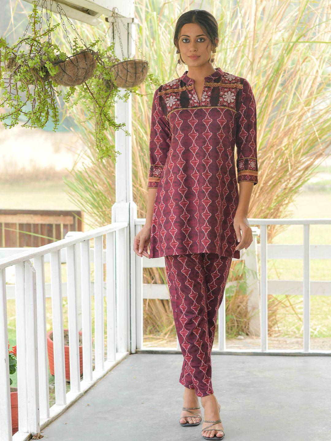 idhu ethnic motifs printed mandarin collar a-line kurta