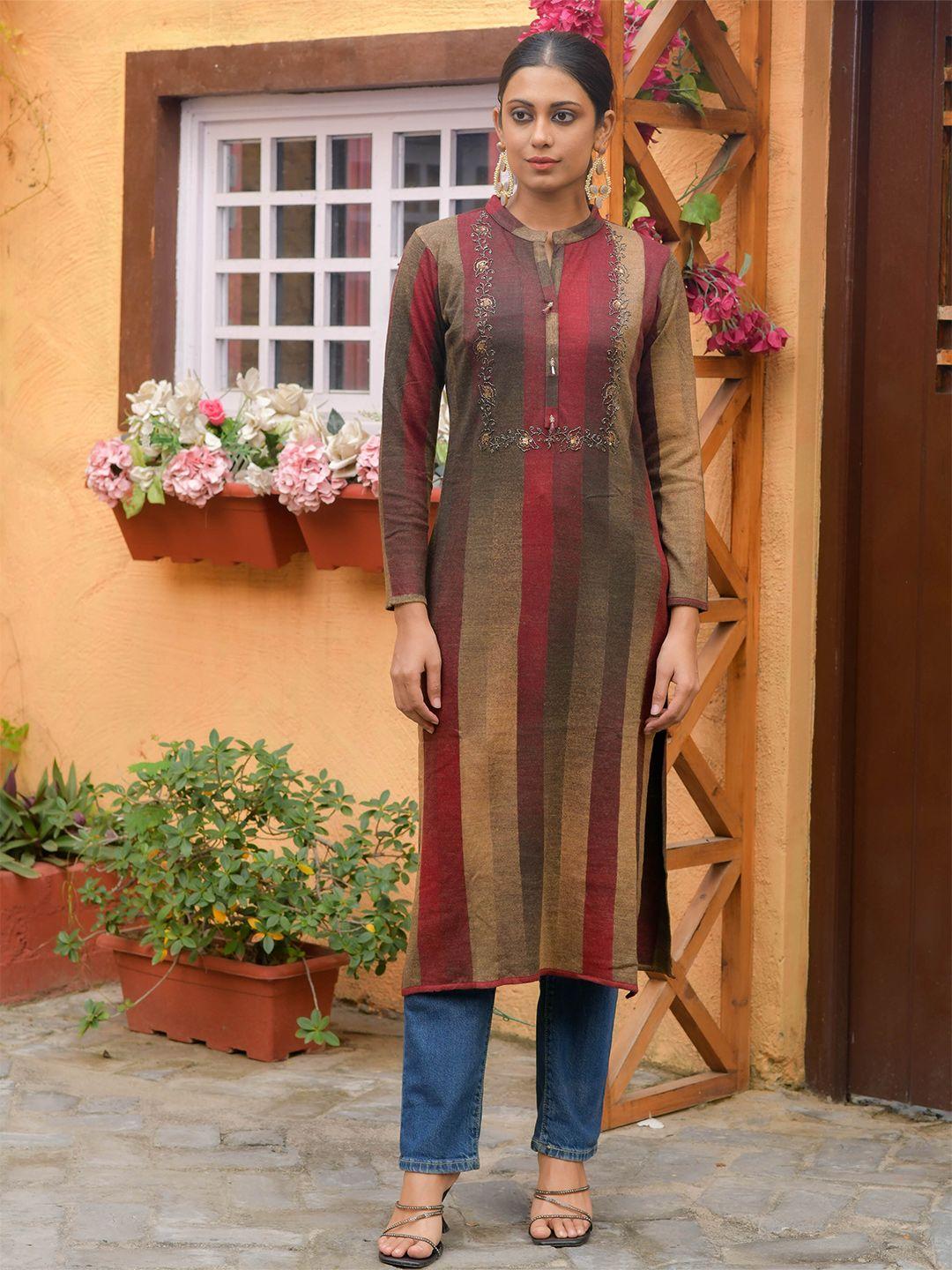 idhu striped embroidered pure acrylic straight kurta