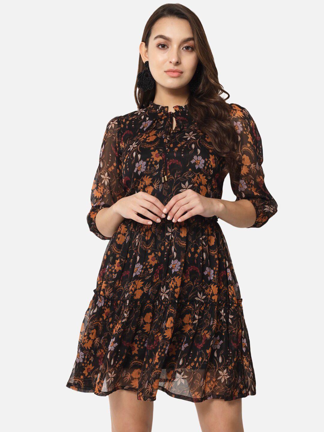 baesd floral printed tie-up neck puff sleeves gathered detailed fit & flare dress