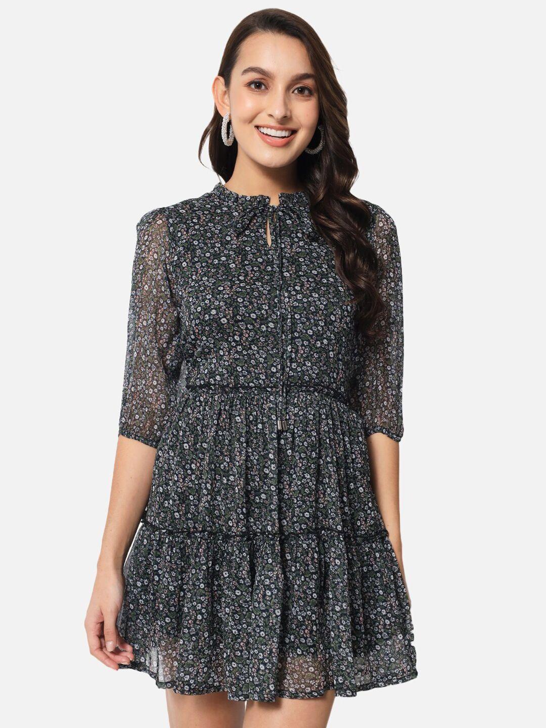 baesd floral printed tie-up neck puff sleeves gathered detailed fit & flare dress