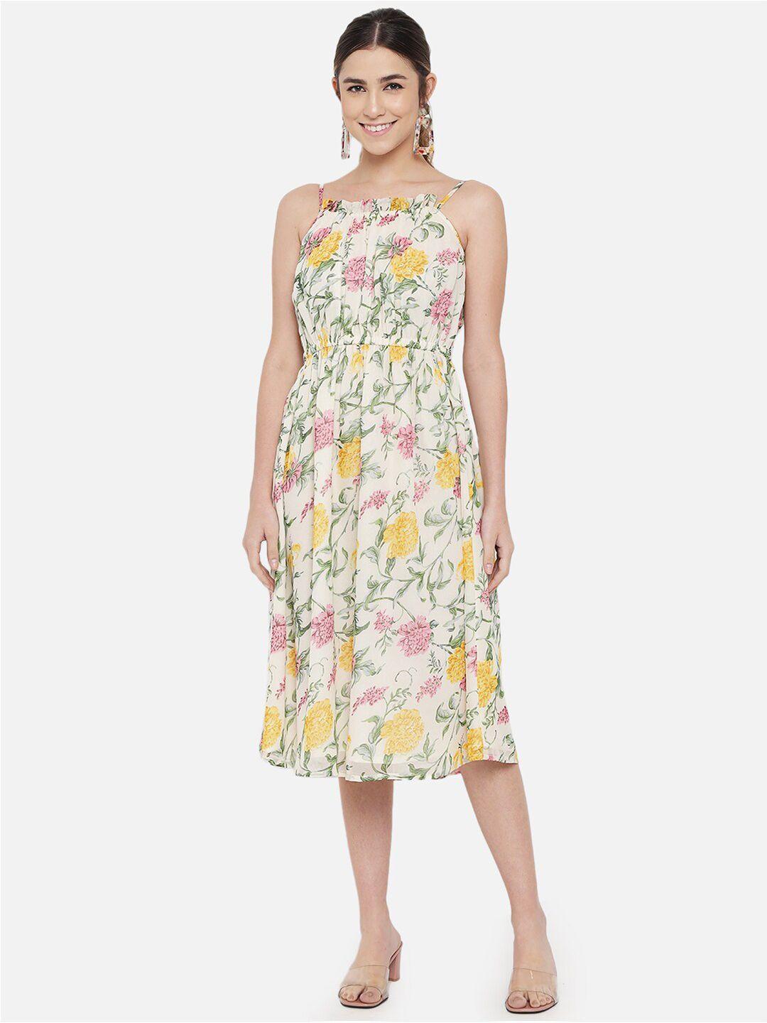 baesd floral printed shoulder straps georgette fit & flare midi dress