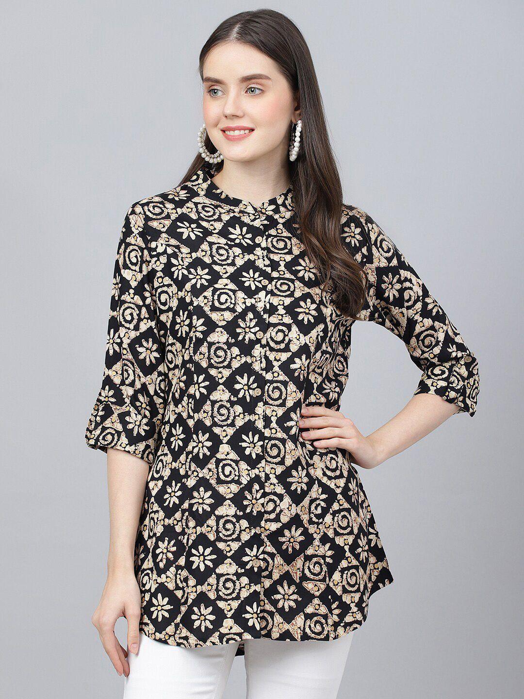 kalini ethnic motifs printed mandarin collar roll-up sleeves a-line kurti