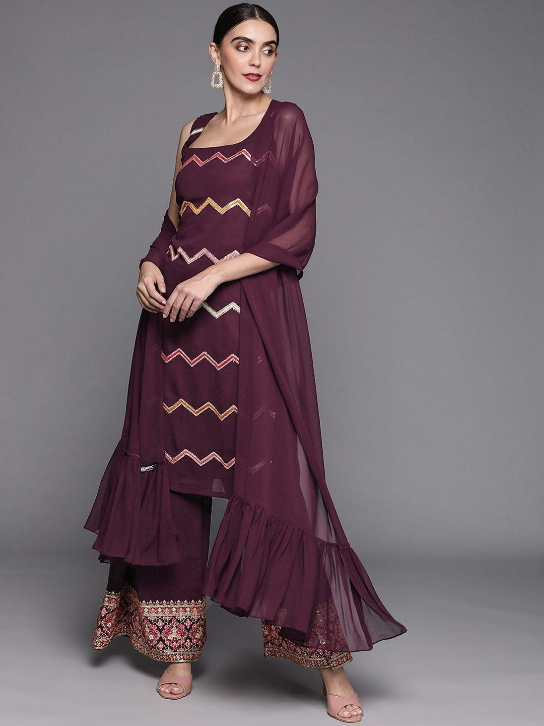 inddus chevron embroidered sequinned kurta with palazzos & dupatta