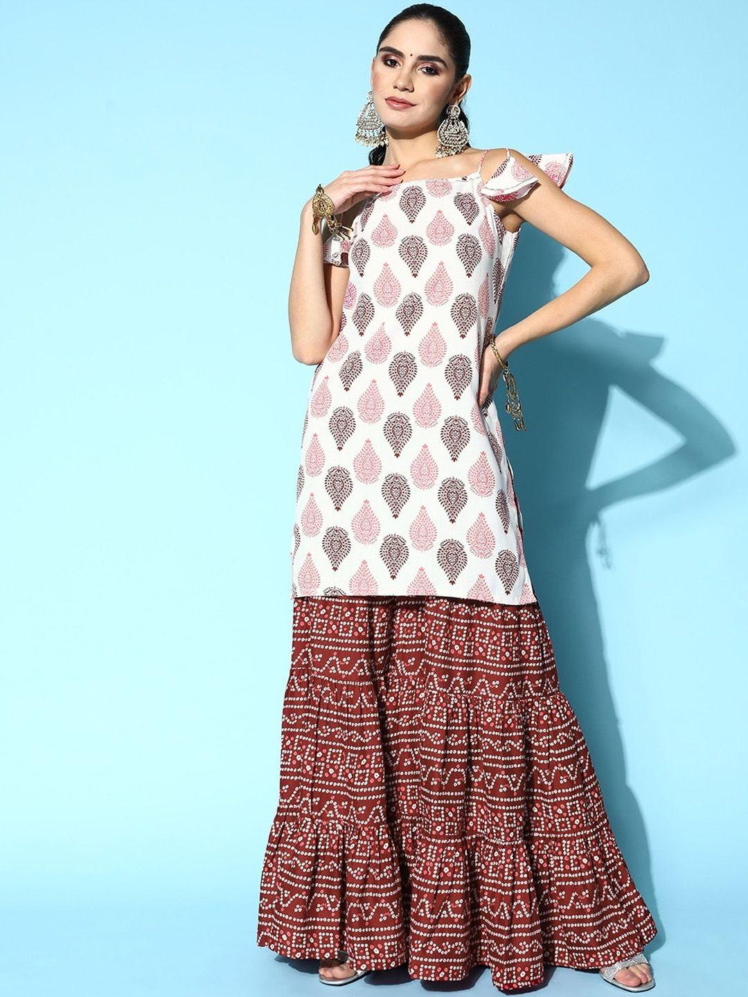 inddus ethnic motifs printed kurti with sharara