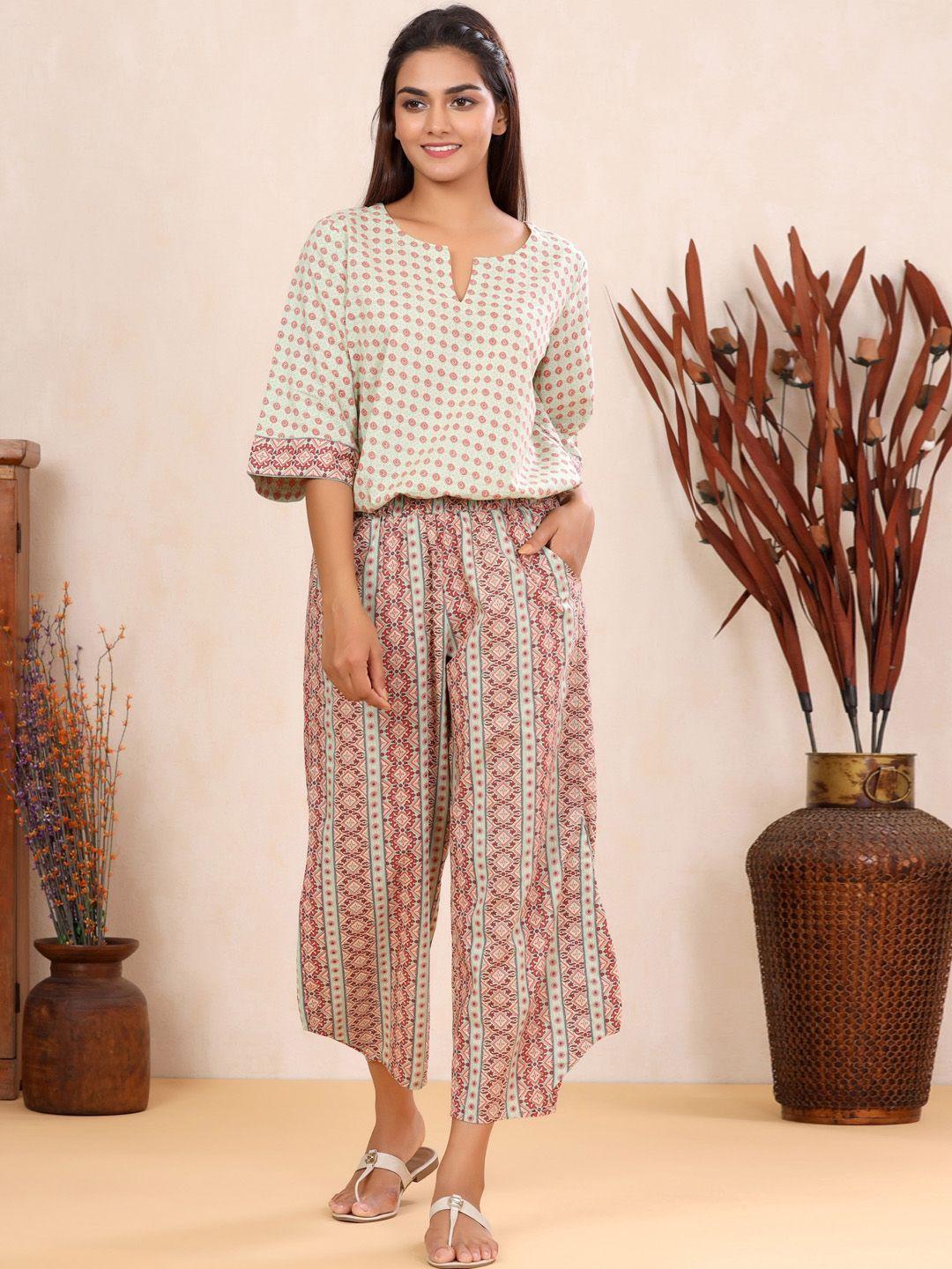 sangria ethnic motifs printed pure cotton top with palazzo