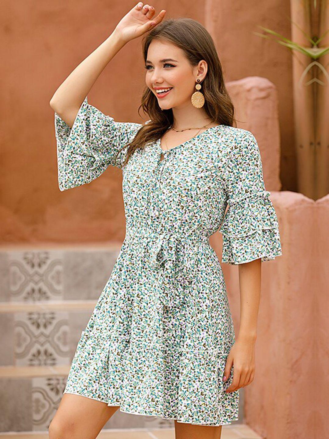 stylecast green floral printed tie-up neck bell sleeves gathered tiered fit & flare dress