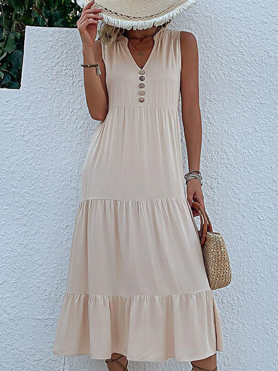 stylecast beige sleeveless tiered fit and flare midi dress