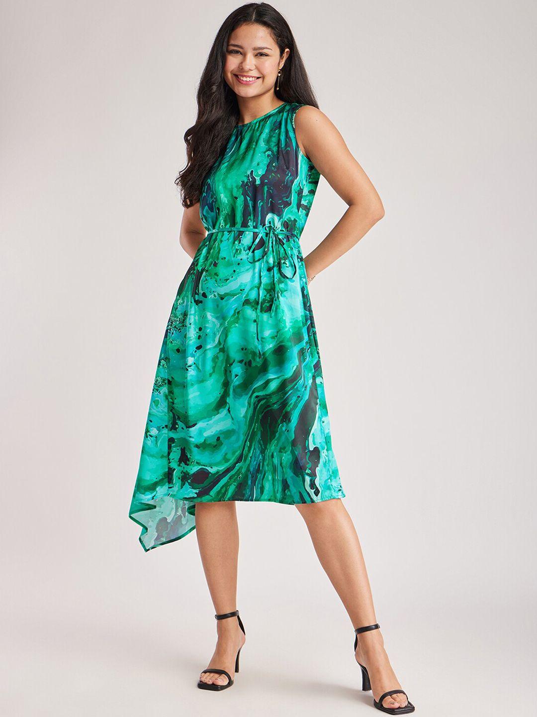 fablestreet abstract printed satin a-line midi dress