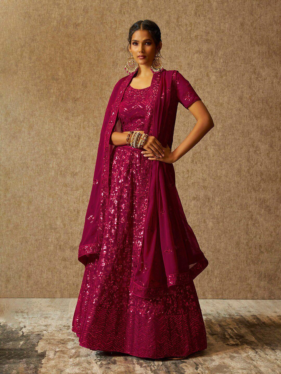 soch fuchsia embellished sequinned pure georgette unstitched lehenga with blouse & dupatta