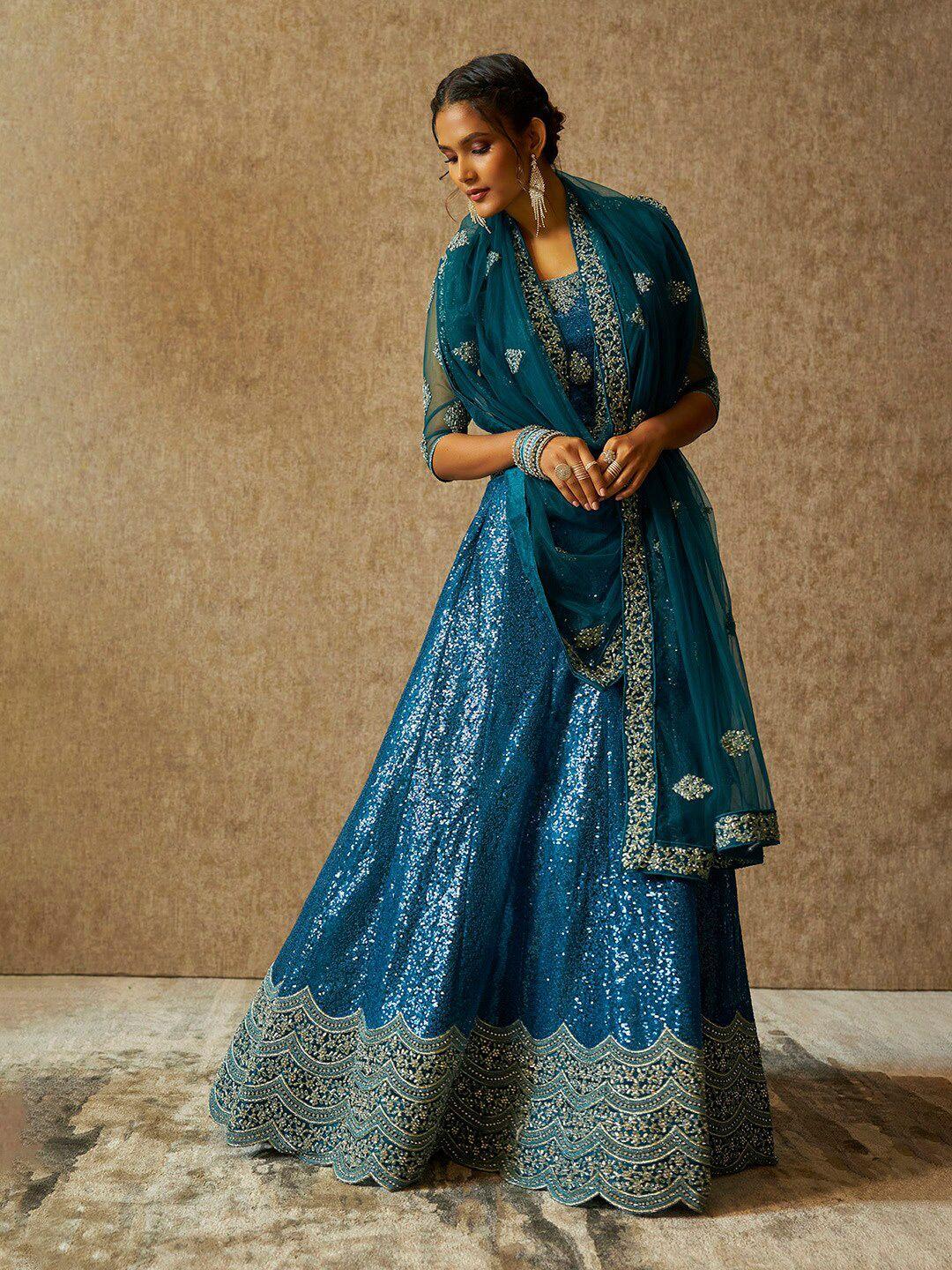 soch blue embellished sequinned unstitched lehenga & blouse with dupatta