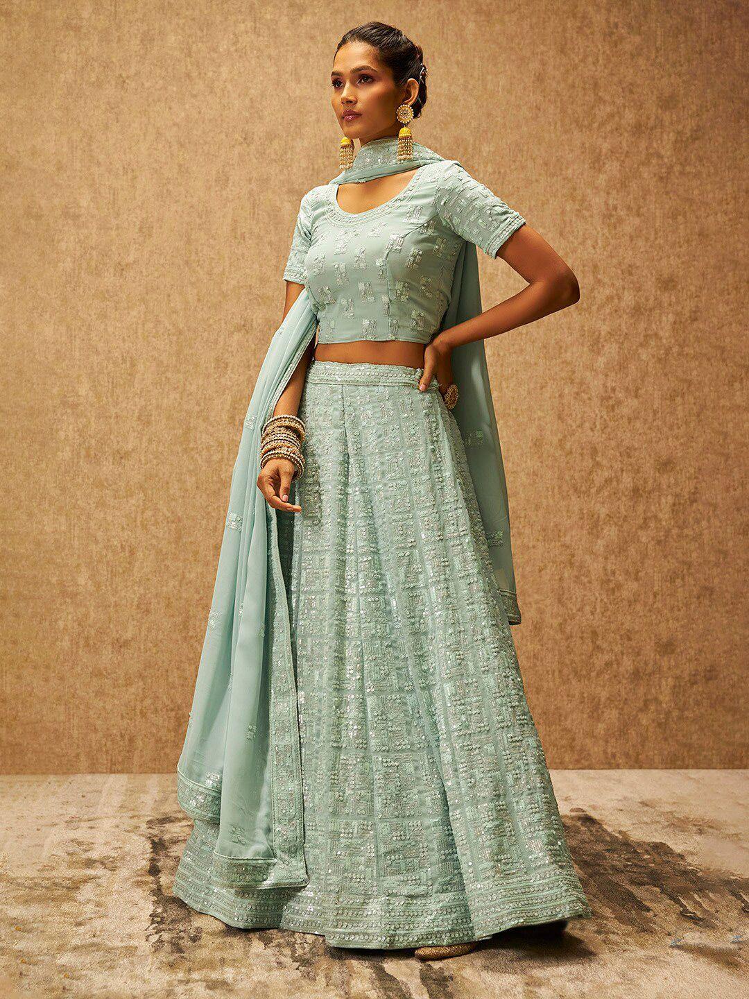 soch blue embellished sequinned unstitched lehenga & blouse with dupatta