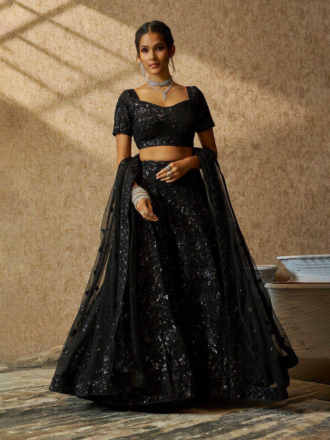 soch black embellished sequinned unstitched lehenga & blouse with dupatta