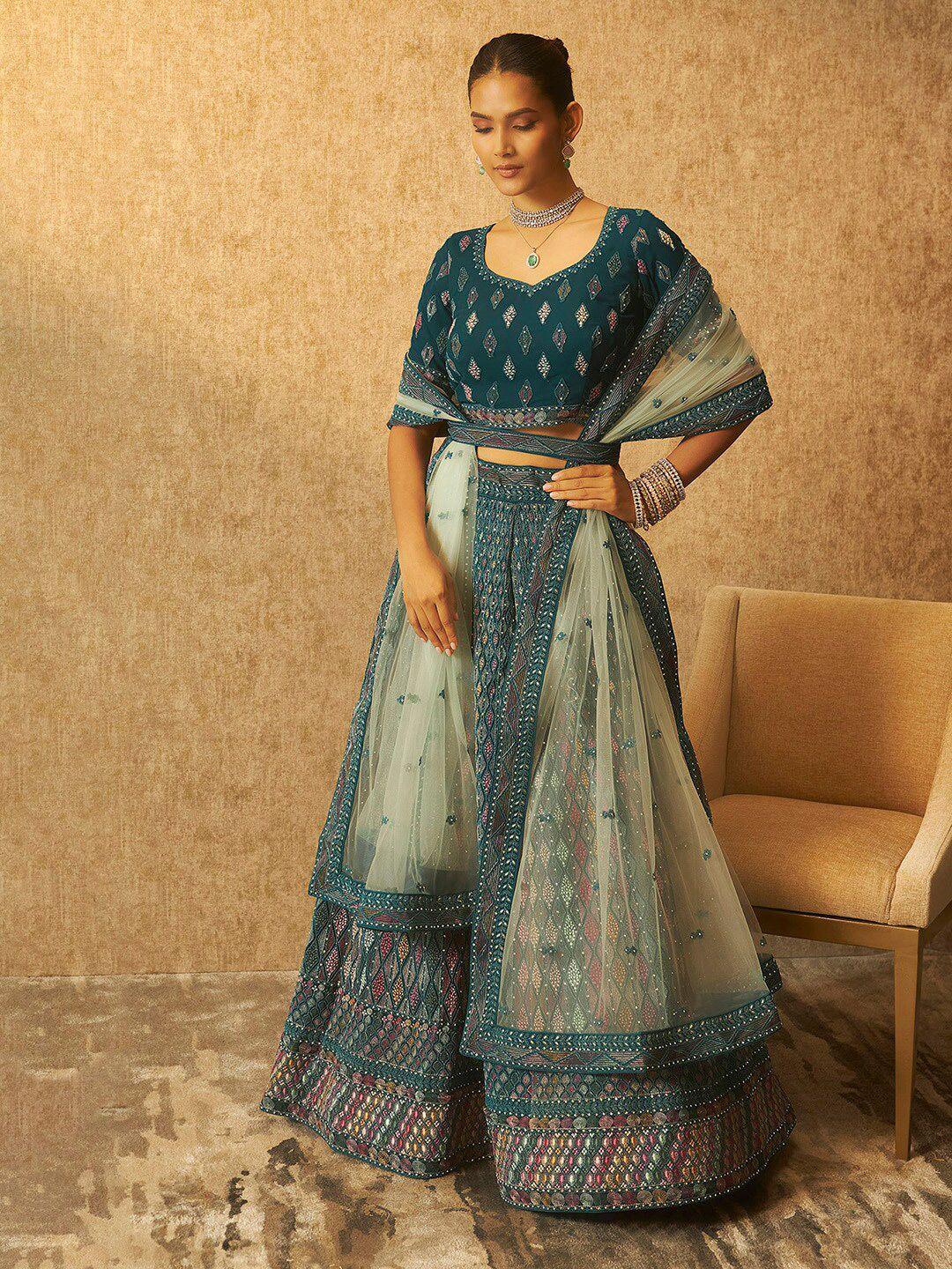 soch teal embroidered beads and stones unstitched lehenga & blouse with dupatta