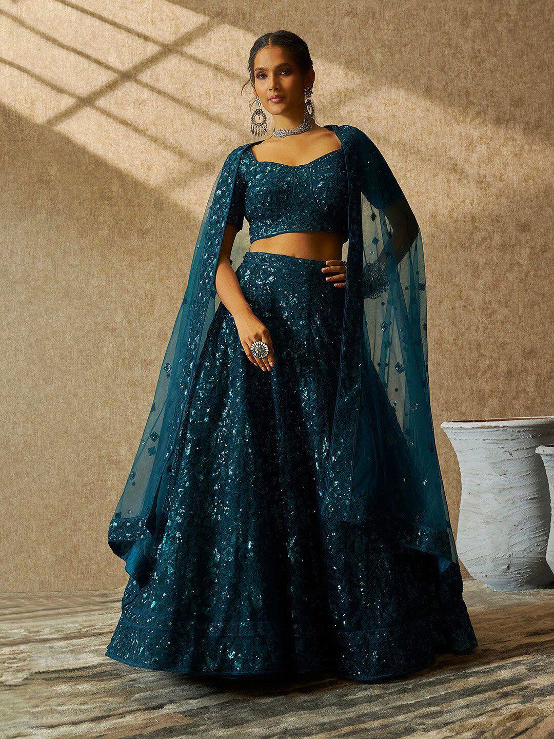 soch teal embellished sequinned detail unstitched lehenga & blouse with dupatta