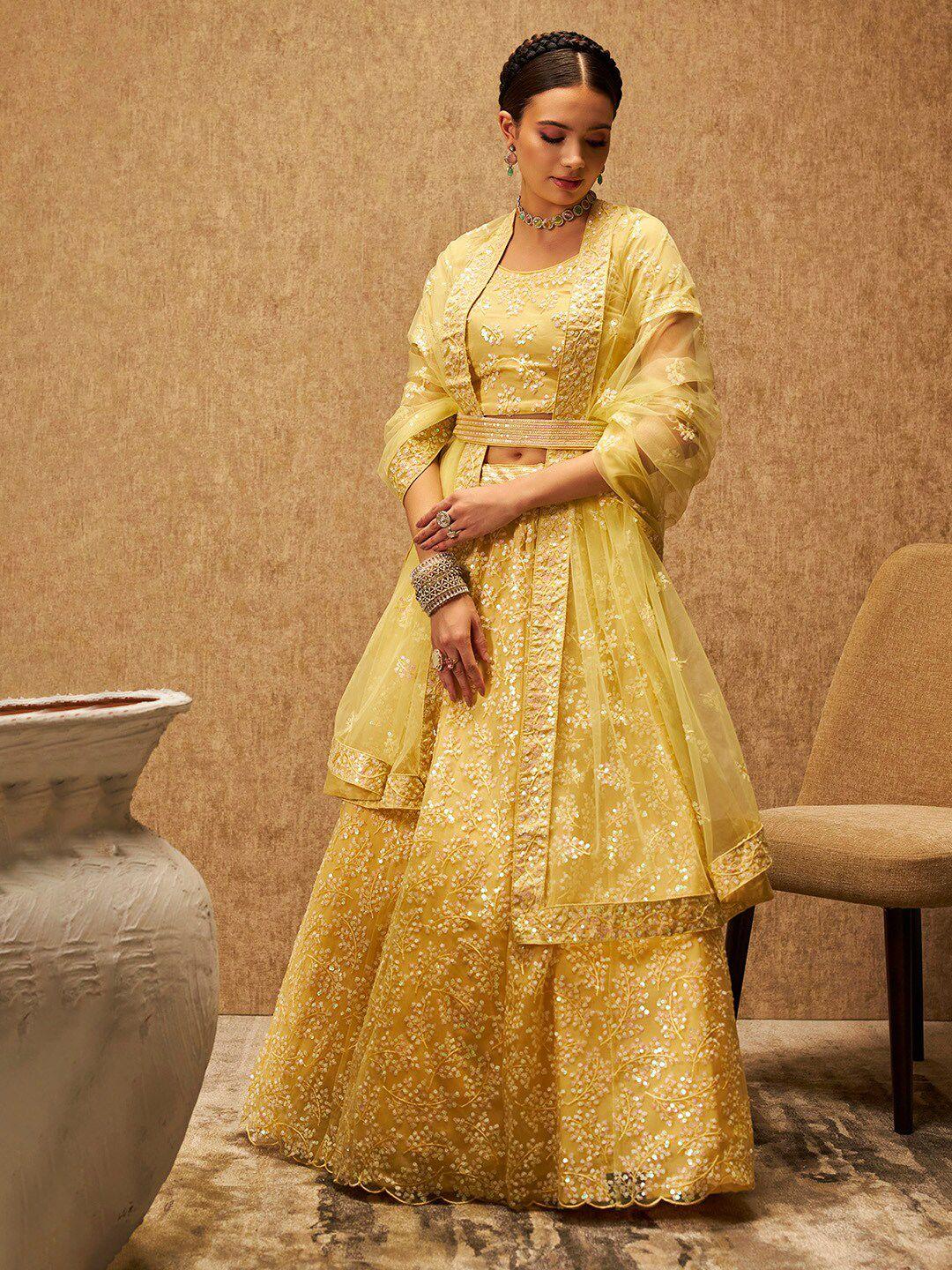 soch yellow embellished sequinned unstitched lehenga & blouse with dupatta