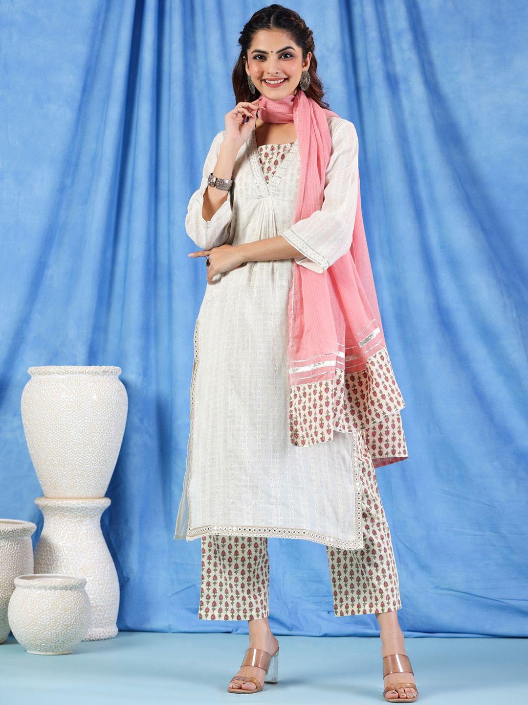 readiprint fashions striped sequinned pure cotton a line kurta with palazzos & dupatta