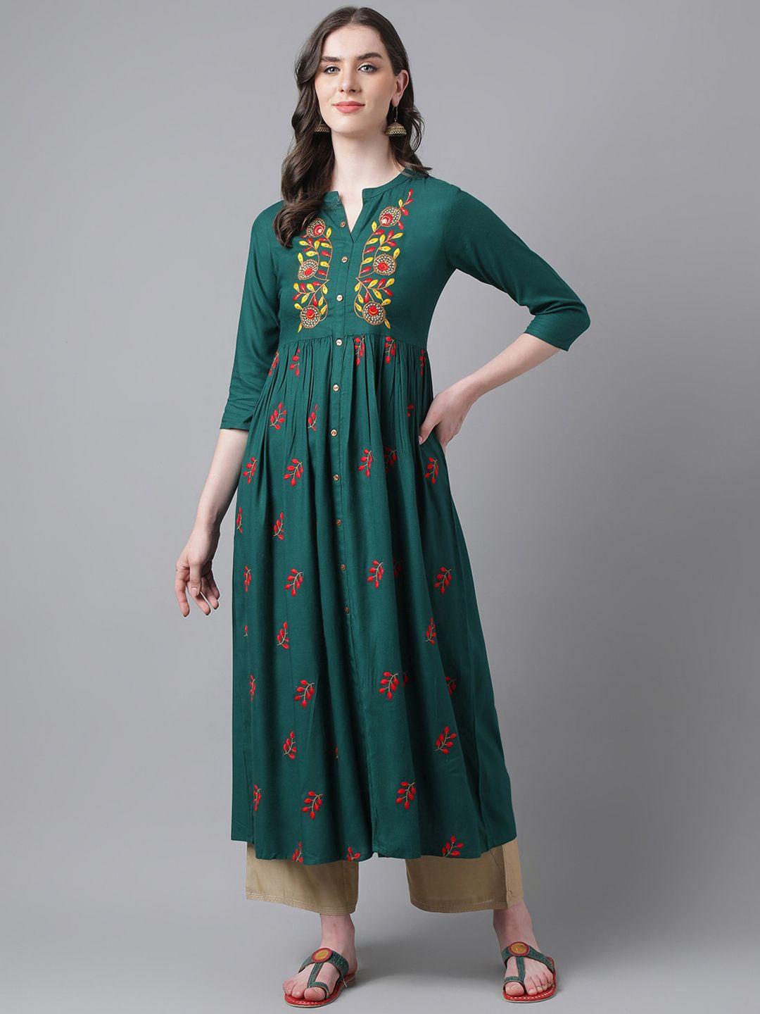 purvija kurties floral embroidered thread work mandarin collar anarkali kurta