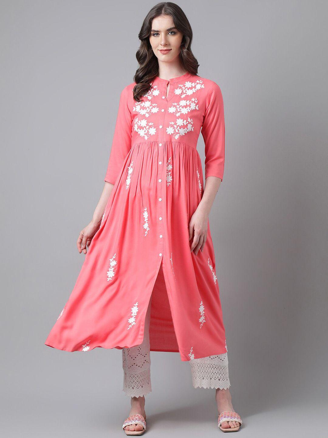 purvija kurties floral embroidered thread work mandarin collar anarkali kurta