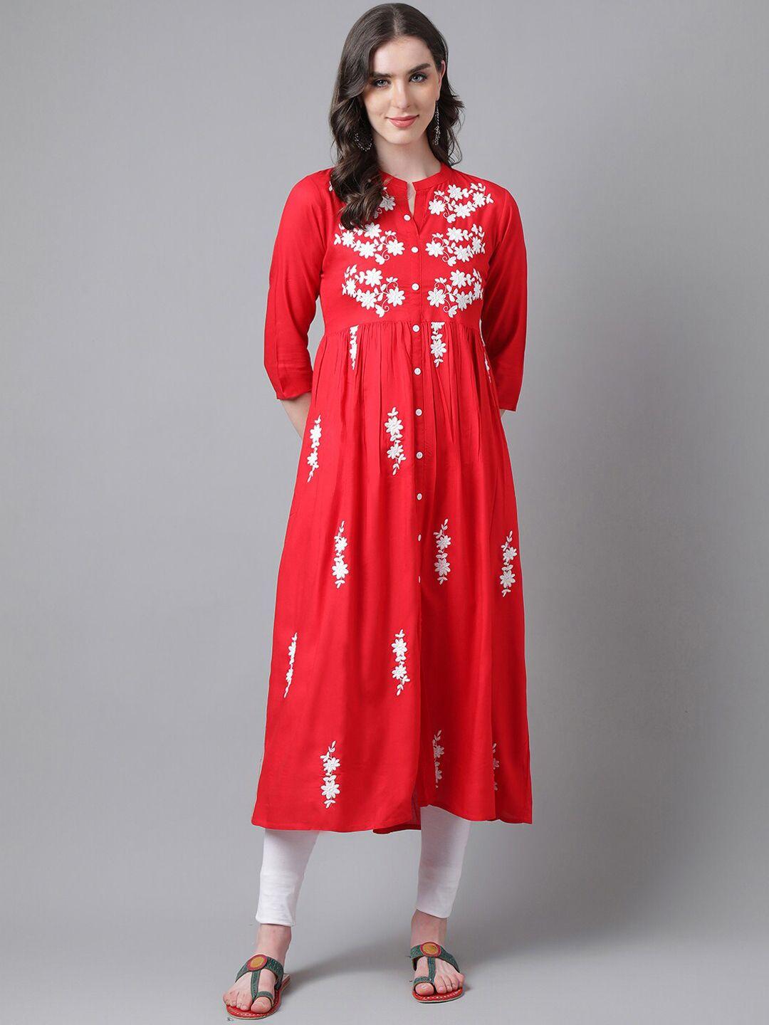 purvija kurties floral embroidered thread work mandarin collar anarkali kurta