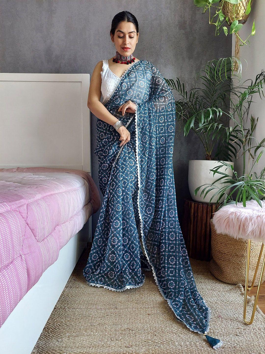 anouk teal & white bandhani printed saree