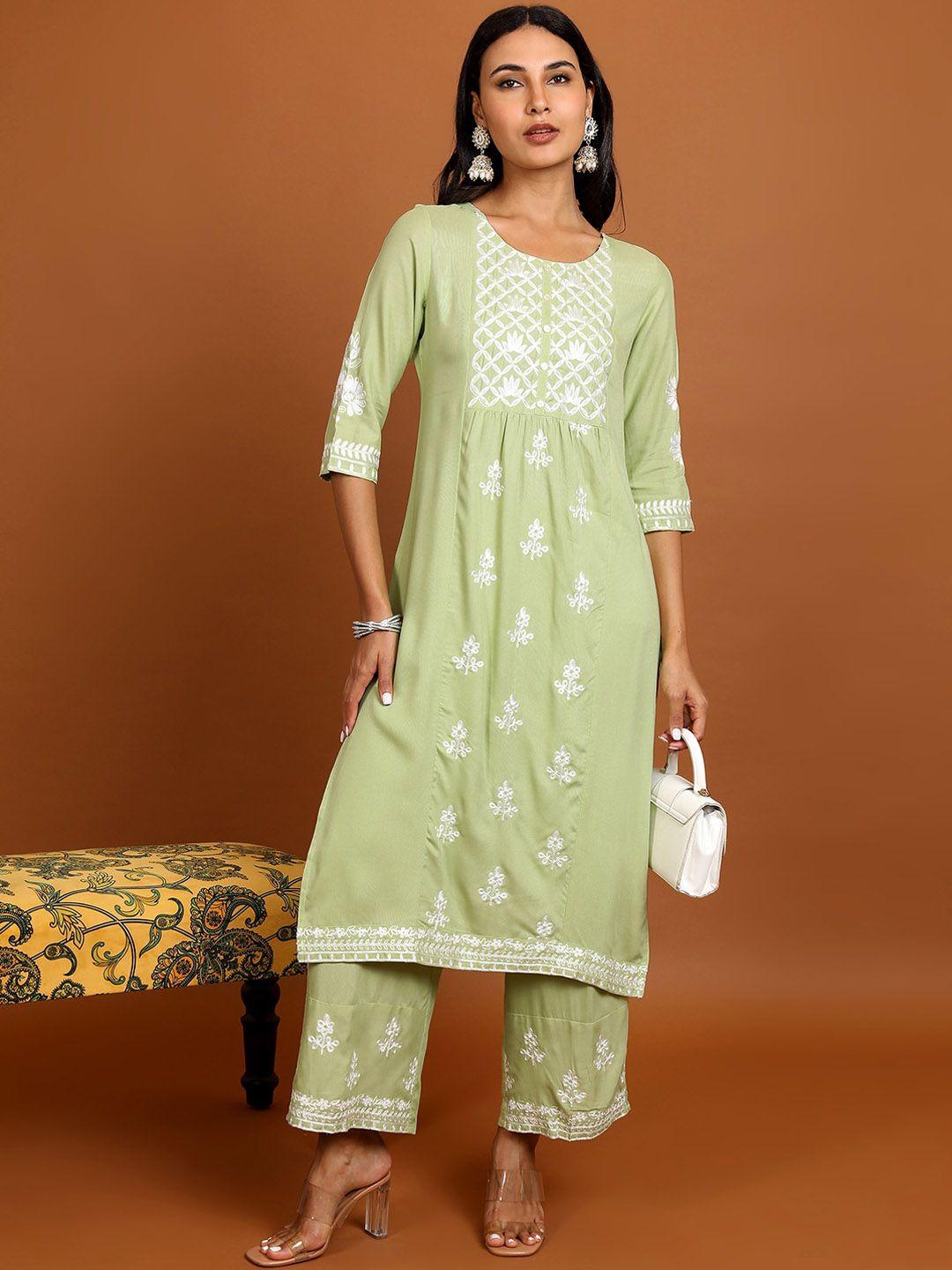 vishudh floral embroidered thread work straight kurta with palazzos