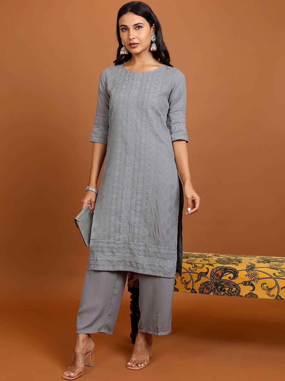 vishudh floral embroidered thread work straight kurta with palazzos